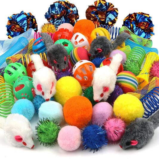 Kitten Toys, 60PCS Cat Balls Springs Toy Set, Sparkle Ball, Cat Mouse Toy, Cat Crinkle Balls, Cat Springs, Cat Ball Toy, Furry Cat Toys Balls Soft Pom Pom Balls