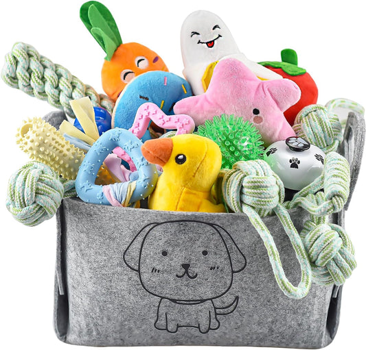 24 Pack Puppy Chew Toys, Dog Teething Toys with Storage Bin, Dog Rope Toys and Squeaky Toys for Boredom, Interactive Dog Toys for Small & Medium Breeds