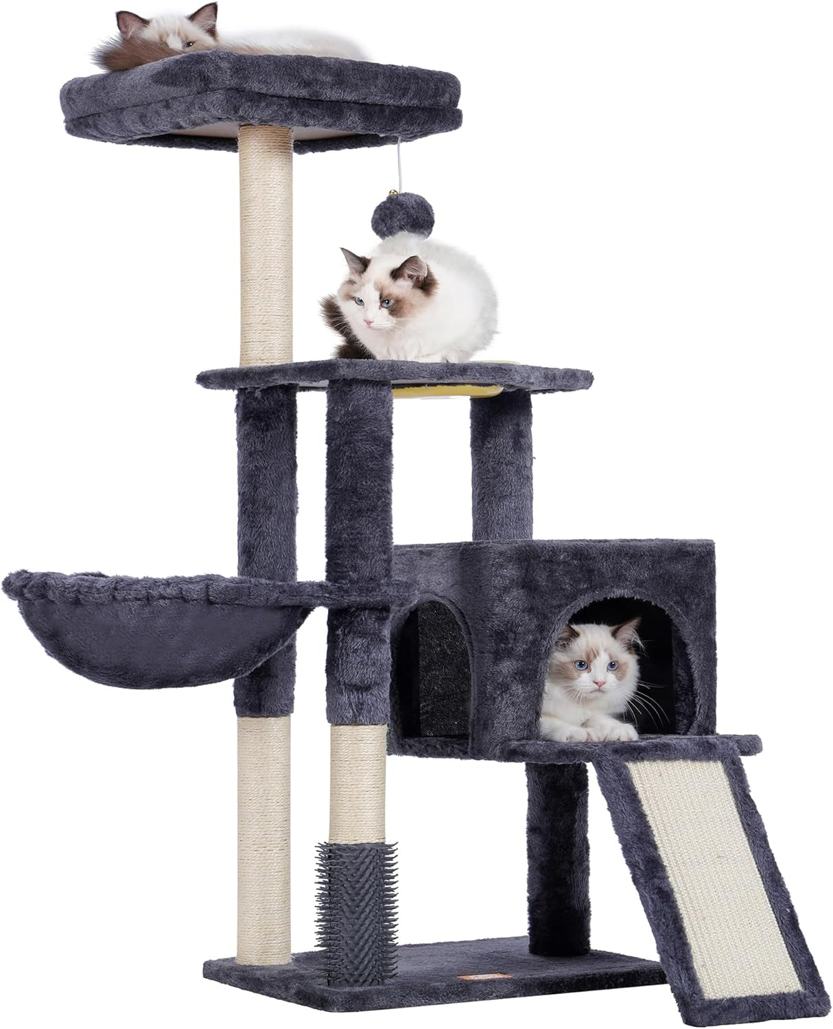 Heybly Cat Tree with Cat Self Groomer Brush, Cat Tower Condo for Indoor Cats with Padded Plush Perch,Feeding Bowl,Cat House with Basket Scratching Board Post, Light Gray HCT005SW