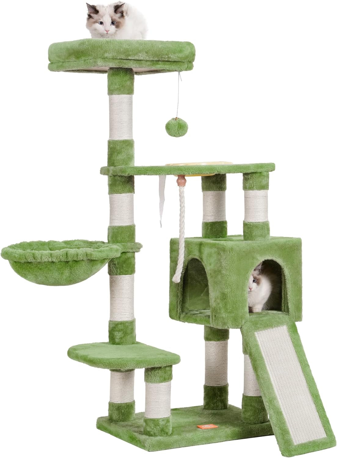 Heybly Cat Tree with Cat Self Groomer Brush, Cat Tower Condo for Indoor Cats with Padded Plush Perch,Feeding Bowl,Cat House with Basket Scratching Board Post, Light Gray HCT005SW