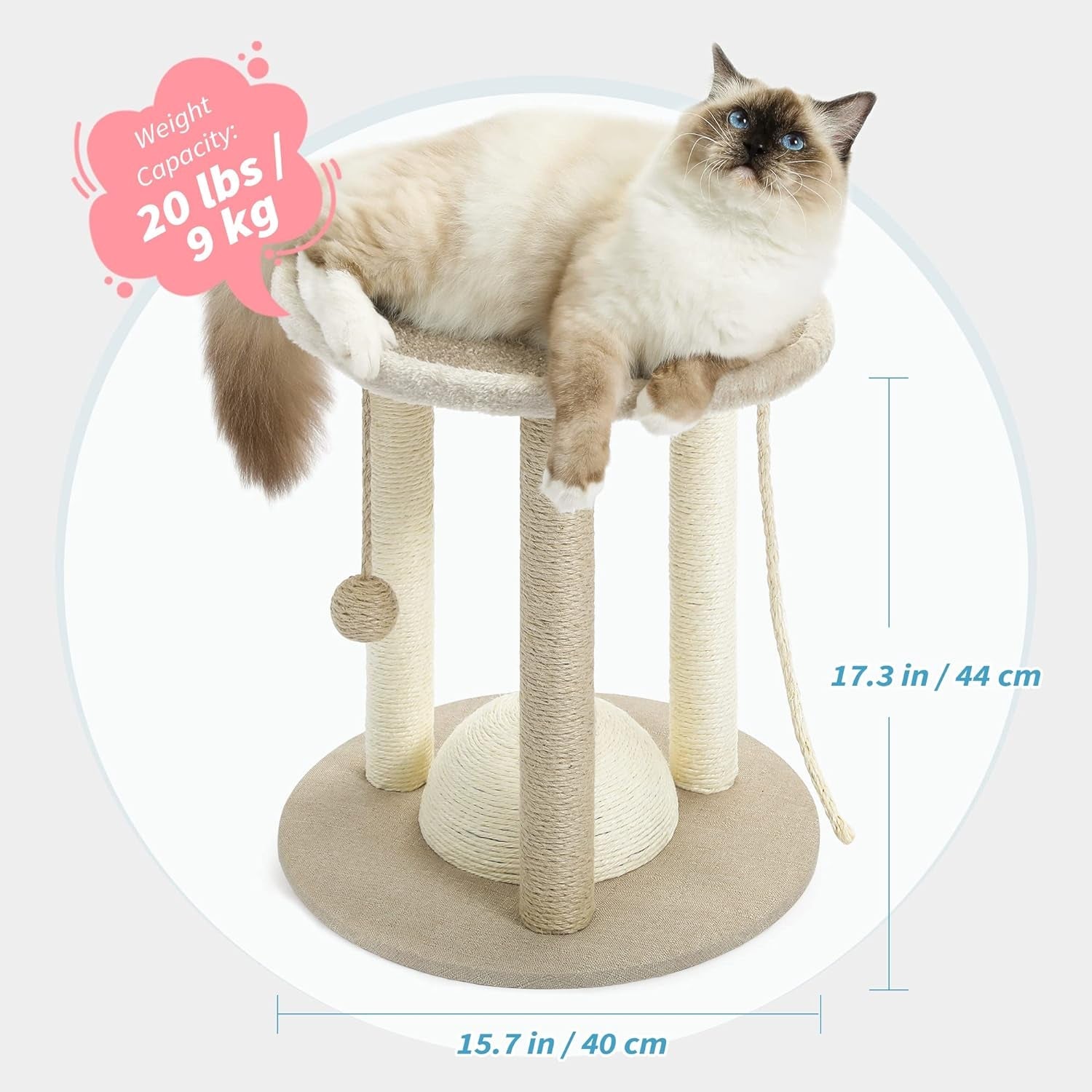 Made4Pets Cat Scratching Posts, Small Cat Tree for Indoor Cats, 4 in 1 Kitten Scratch Ball Toy, Soft Cat Bed Perch with Carpet Covered, 17" Cute Cat Tower Scratcher with Hanging Ball and Sisal Rope