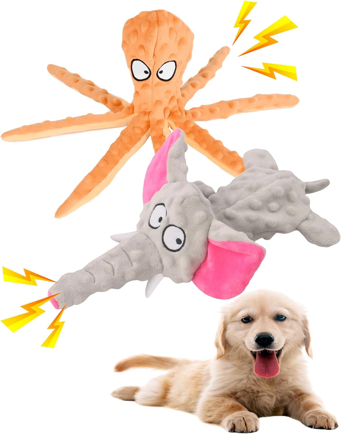 2 Pack Dog Squeaky Toys, No Stuffing Dog Toys, Crinkle Plush Dog Toys for Puppy Teething,Dog Chew Toys for Small, Medium Dogs, 2 Pack- Elephant Gray & Octopus