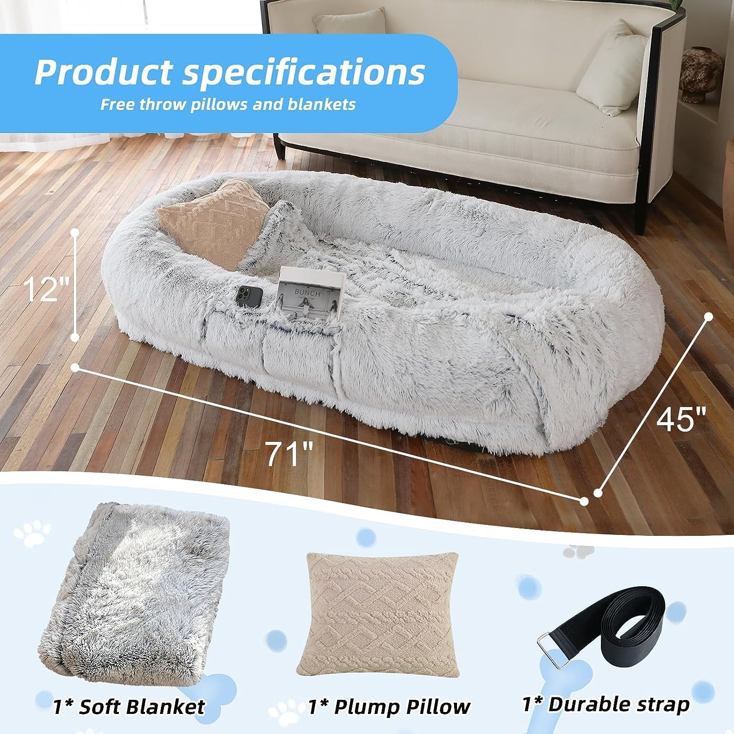 Human Dog Bed, 71''X45''X12'' Size Fits You and Pets, Washable Faux Fur Dog Bed for People Doze Off, Napping Orthopedic Dog Bed, Present Plump Pillow, Blanket, Strap - Grey