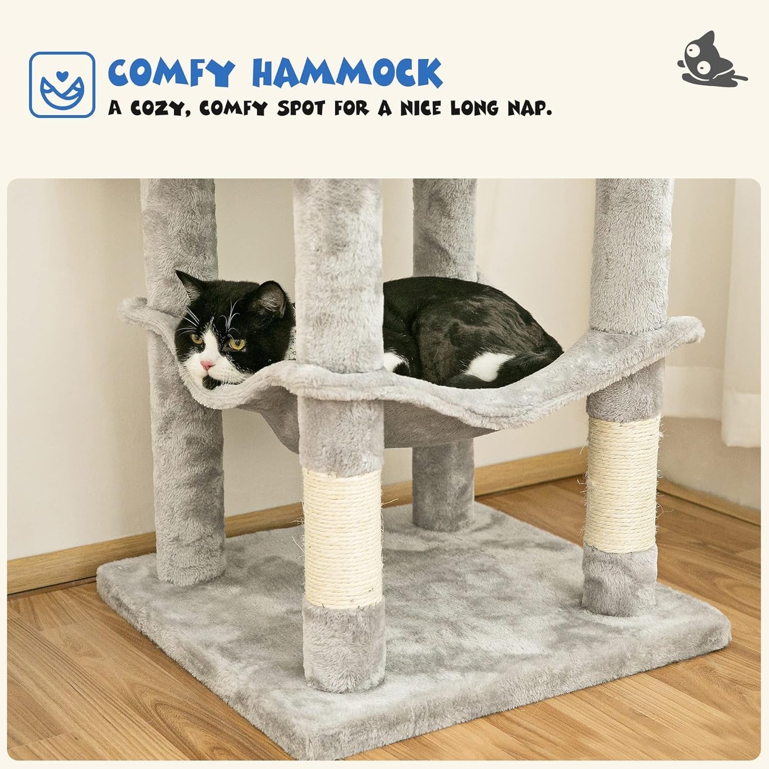 MWPO 63.8 Inches Multi-Level Cat Tree for Large Cats with Sisal-Covered Scratching Posts, Padded Platform, Hammock and Condo,Stable Cat Tower Cat Condo Pet Play House-Light Gray