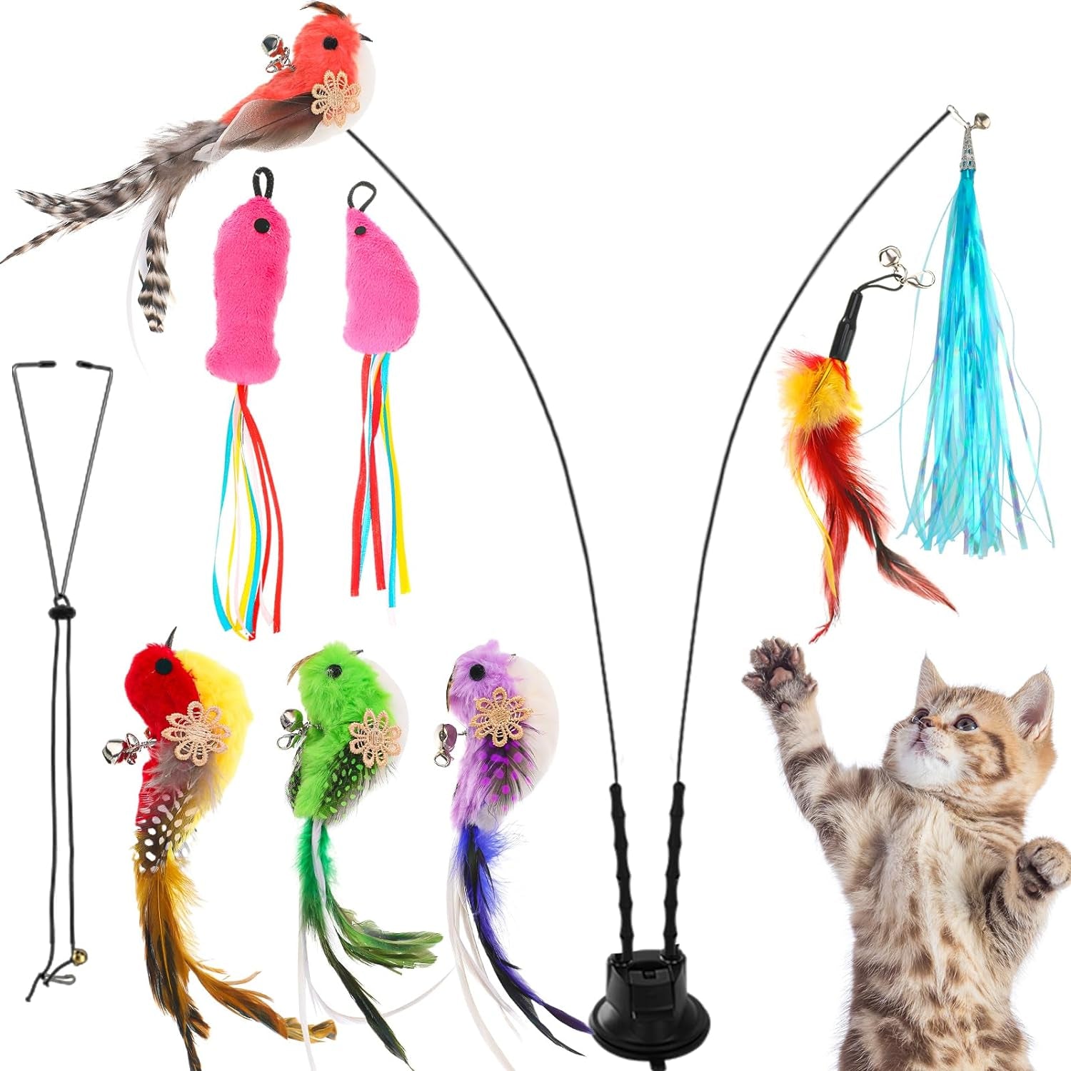 12 Pcs Suction Cup Cat Toy,Interactive Bird Simulation Cat Toy Set Suction Cup Cat Toys for Indoor Cats Flying Bird Cat Toy Cat Toys Self Play Bird Interactive Cat Toy for Indoor Cats