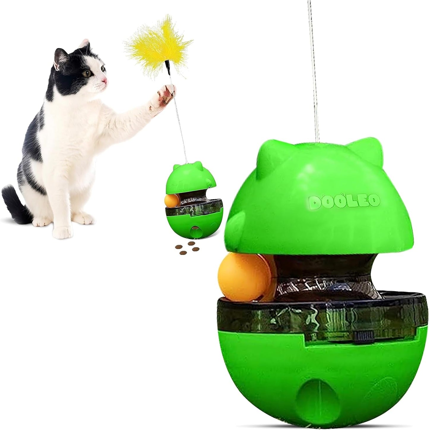 2 in 1 Cat Treat Dispenser Toy - Food Tumbler Toys with Feather | Indoor Interactive Pet Food Dispensing Feeder Puzzle Toy | Brain Stimulating Toys for Doggy, Kitten, Puppy & Cat (Green)