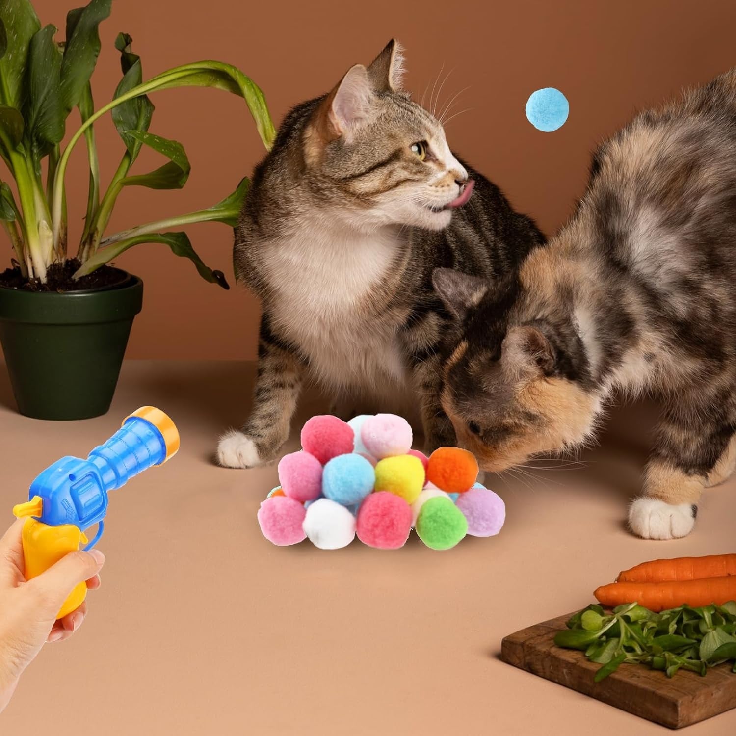 30 Pcs Cat Ball Launcher with Plush Ball, Cat Toys Cat Pom Balls Cat Ball Toy Elastic Plush Ball, Indoor Interactive Toys for Cats Kitten Training and Playing