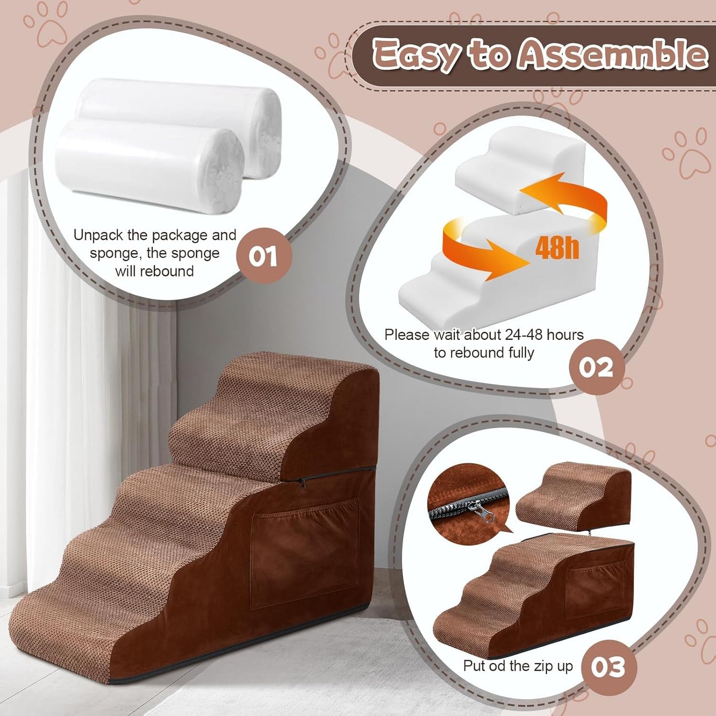 Abbylike Dog Stairs 5 Steps Foam Dog Steps with Removable Cover and Storage Bag 22.6'' High Non Slip Soft Dog Ramp for Bed Easy to up and down Pet Stairs for Bed Sofa Couch, Small Dog (Brown)