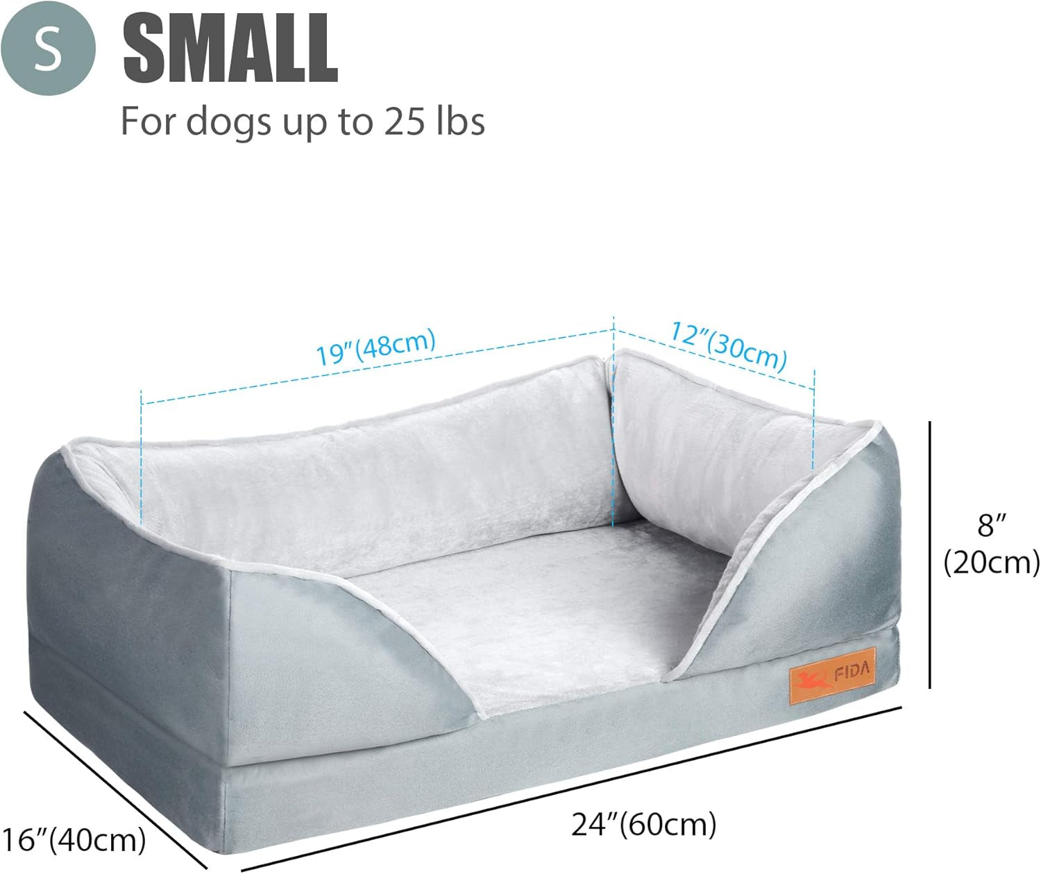 Fida Orthopedic Dog Bed with Memory Foam Base - Dog Lounge Sofa, Removable Washable Cover, Pets Couch Beds for Small Dogs & Cats (Small, Grey)