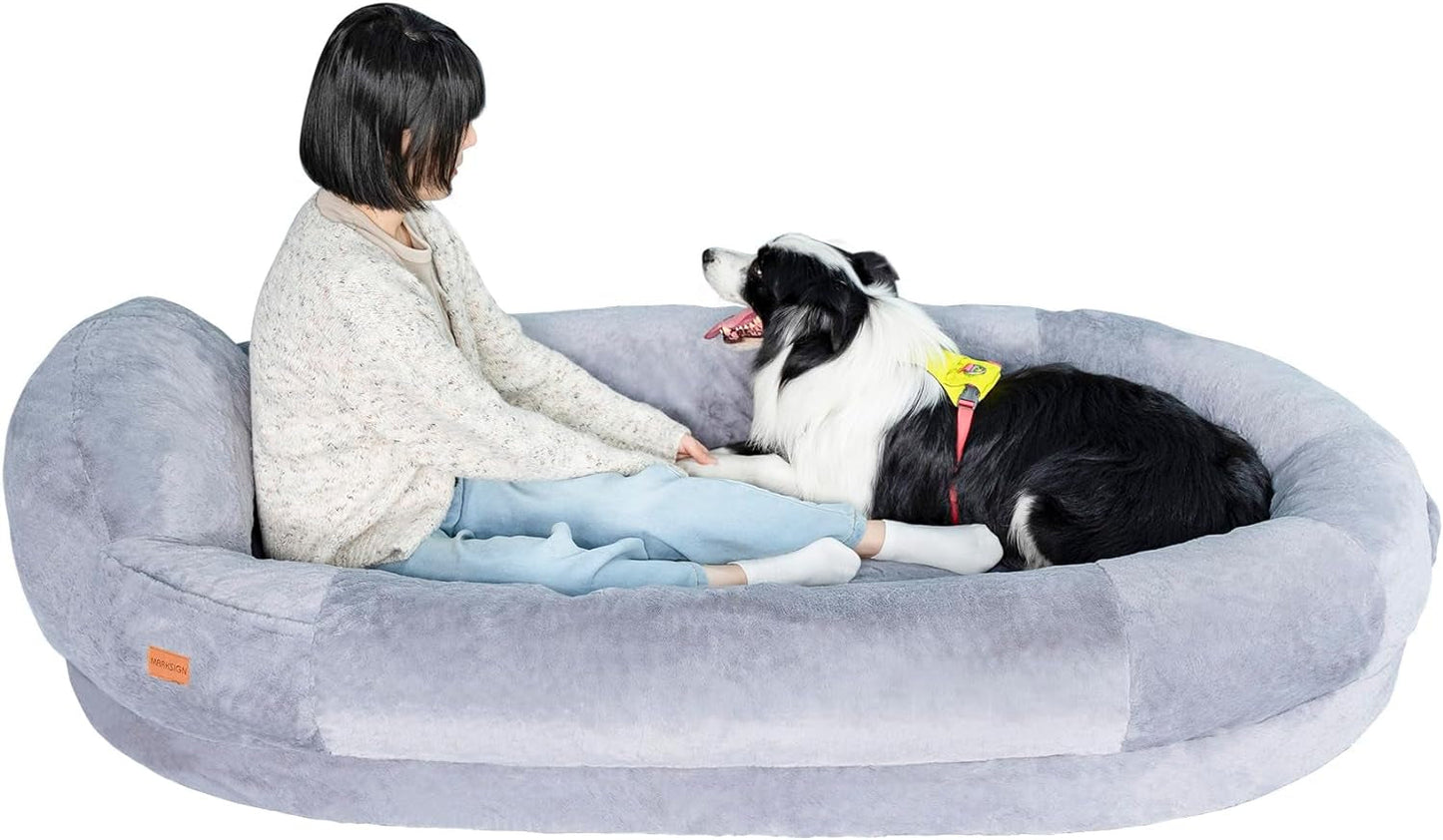 Human Dog Bed for Adult, 76''X43.3''X13.4'' Dog Bed for Humans with Raised Headrest, Washable Gaint Human Size Dog Bed for People Orthopedic Foam Bean Bag Bed