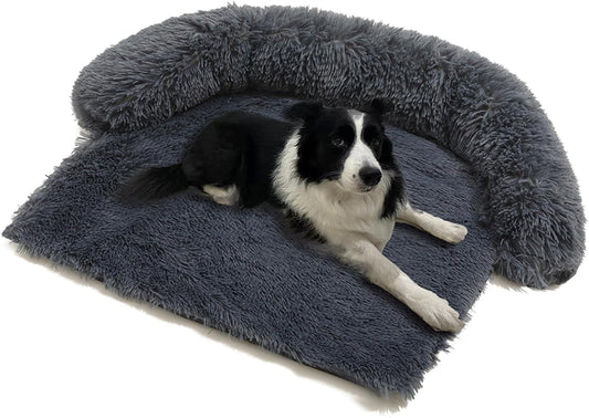 Dog Bed Mats Calming Fluffy Plush Sofa Bed for Pets Furniture Protector anti Anxiety Dog Bed Plush Long Fur Mat for Pets Waterproof Lining with Removable Washable (Dark Grey, 37.4" L X 31" W X5.3 Th)