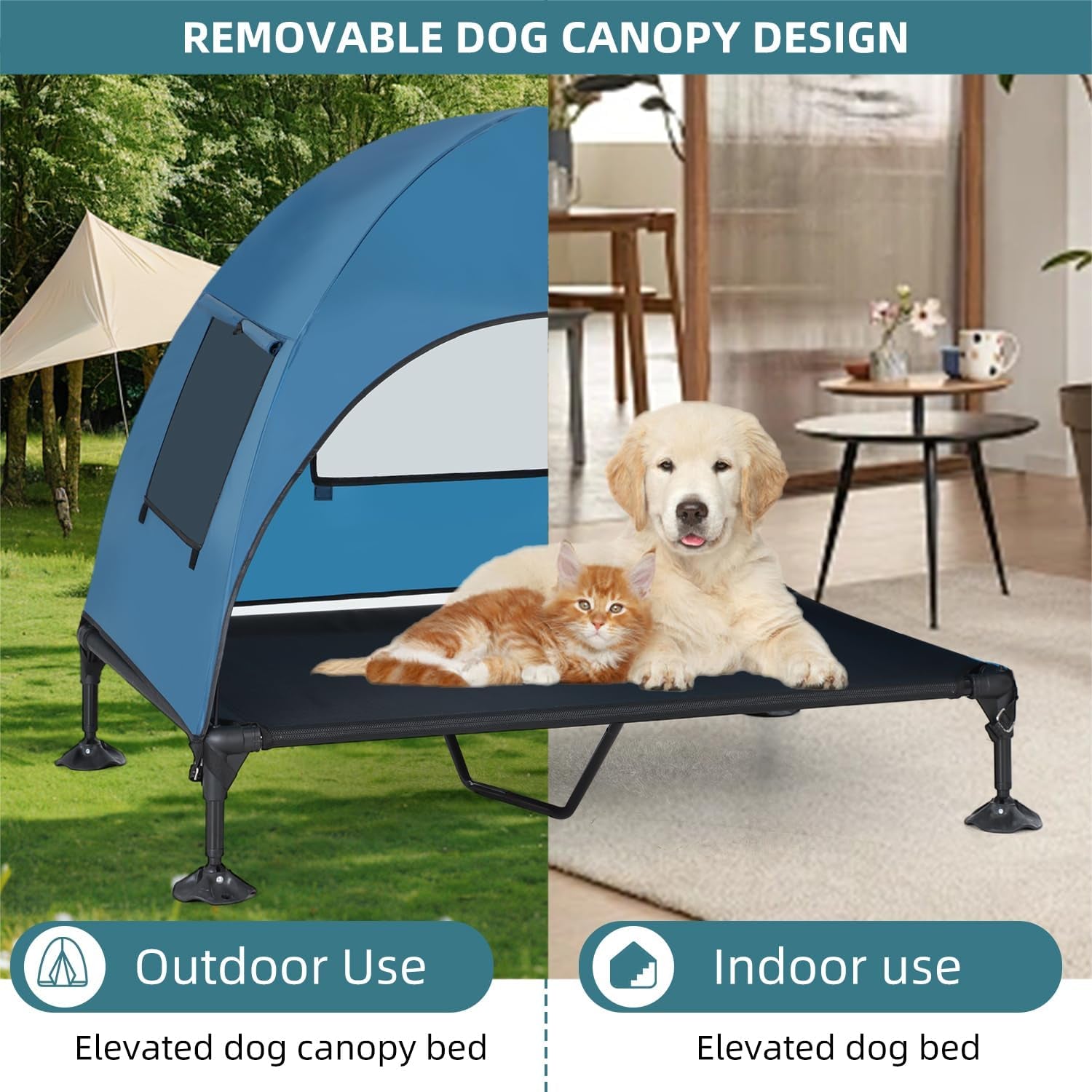 Elevated Outdoor Dog Bed with Canopy, Cooling Raised Dog Cot Bed with Removable Shade, Portable Pet Bed Cot with 360° Adjustable & Non-Slip Feet, Dog Tent Bed for Large Dogs Camping, Indoor & Outdoor