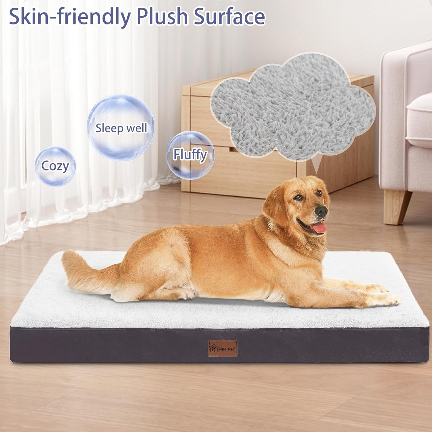 MIHIKK Waterproof Dog Bed Medium Size Dog with Machine Washable Cover Orthopedic Dog Bed with Anti-Slip Bottom, 35 X 22 Inch, Beige