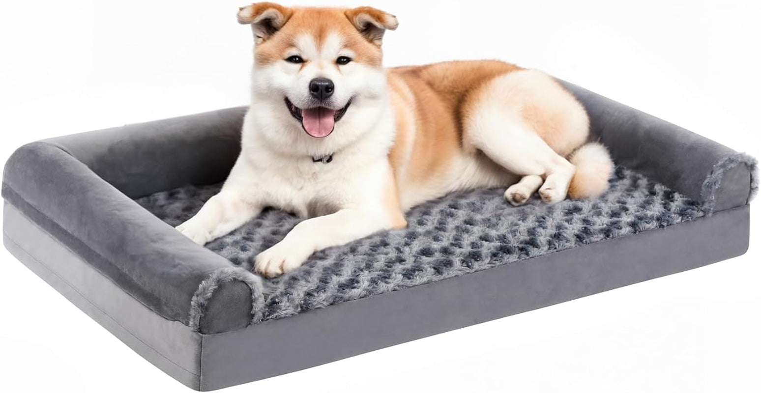 MIHIKK Orthopedic Dog Bed for Extra Large Dogs - XL Pet Sofa Bed with Removable Washable Cover, Waterproof Lining, Nonskid Bottom, Foam Dog Couch Bed with Sides Bolster, Grey 41X27X7 Inch