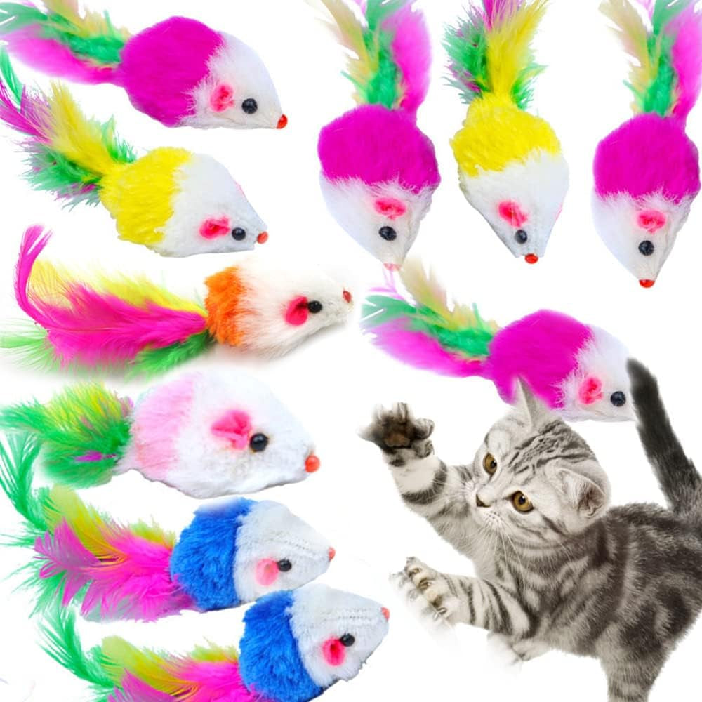 10 Furry Pet Cats, Toy Mice, Cat Toy Mice, Cat Pet Toys, Feather Tails, Interactive Cat Toys for Indoor Cats and Kittens (10 Feather Mice)