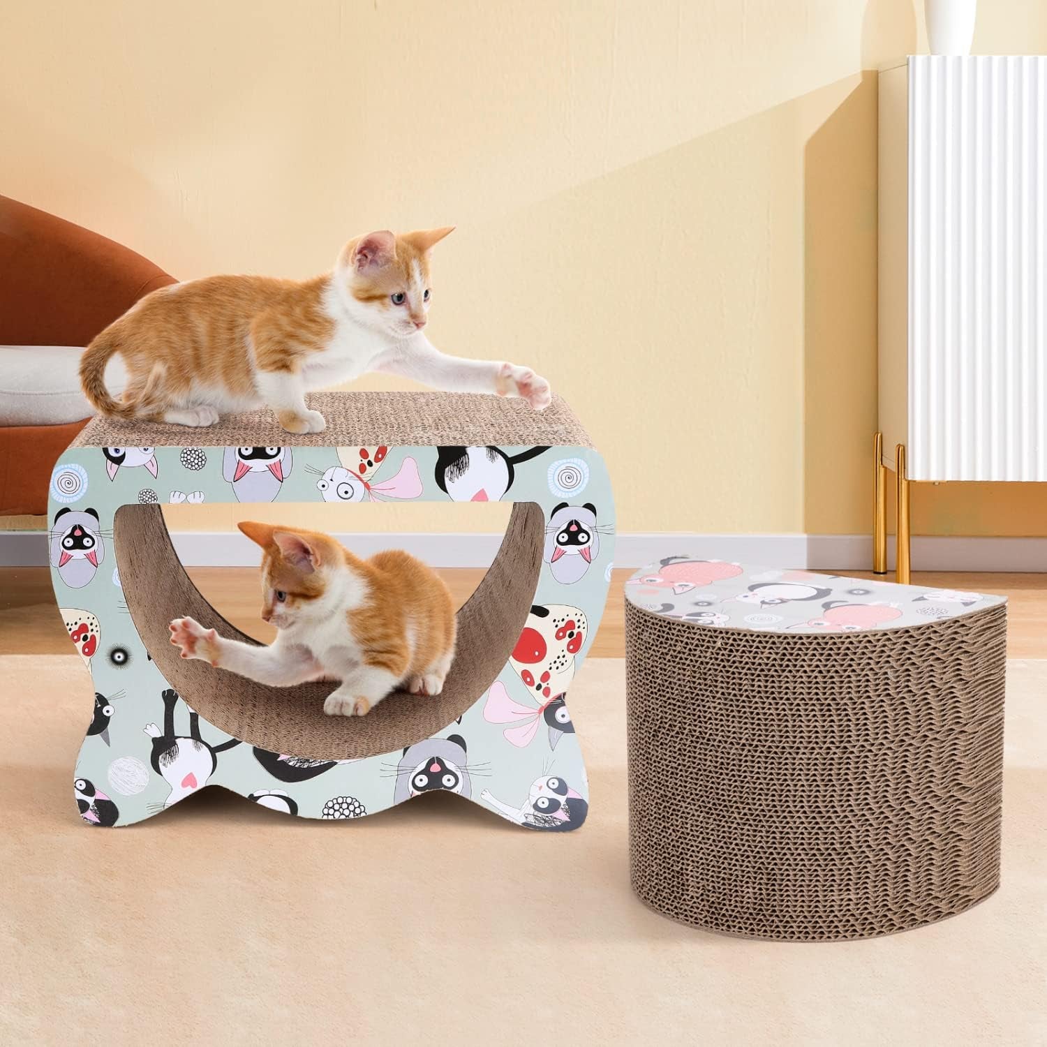 Nobleza Cat Scratcher Cardboard, 2 in 1 Reversible Scratching Pad, Recyclable Corrugated Scratch Toy with Cat-Head Shape, Cat Scratch Lounge for Furniture Protection