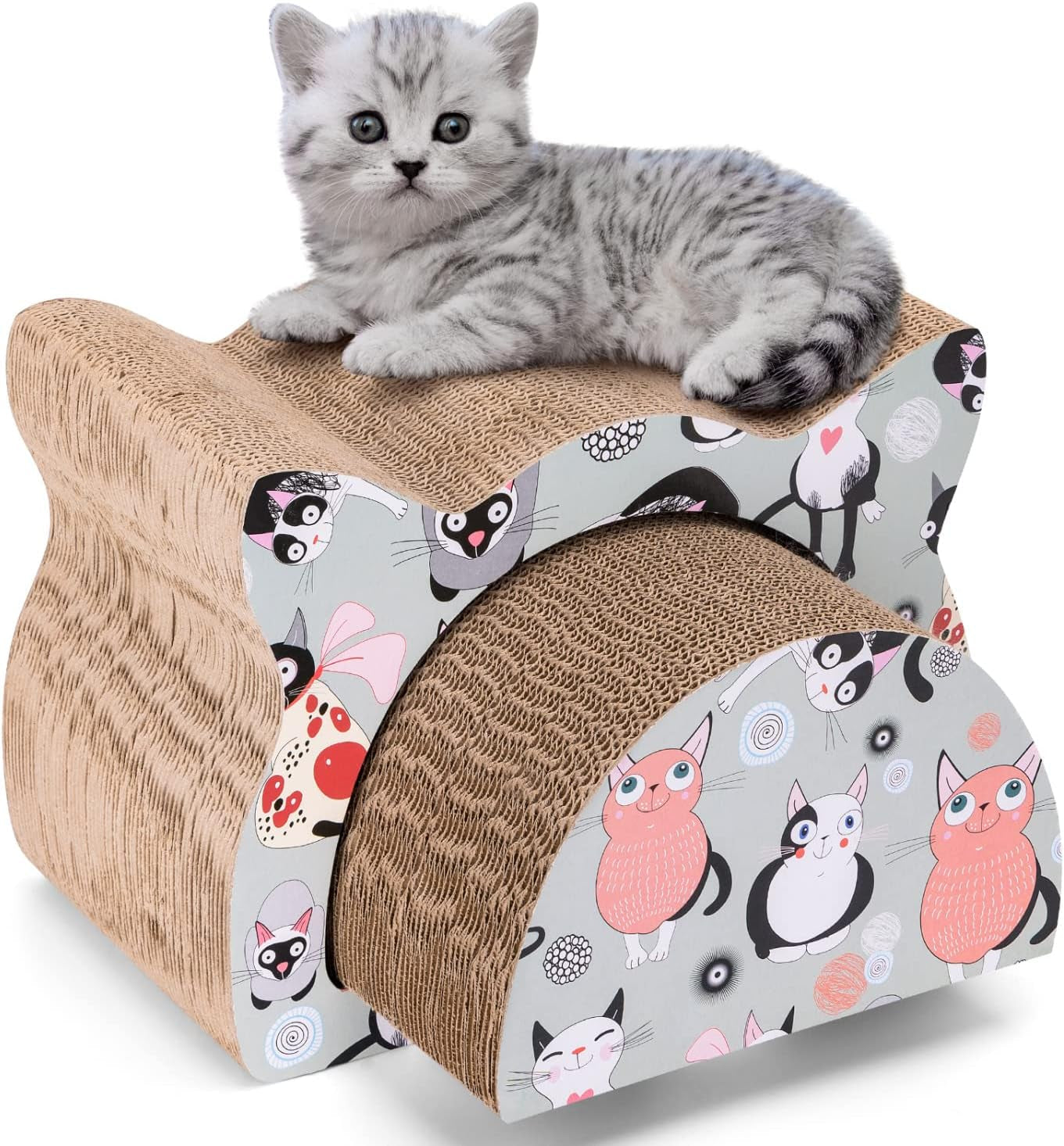 Nobleza Cat Scratcher Cardboard, 2 in 1 Reversible Scratching Pad, Recyclable Corrugated Scratch Toy with Cat-Head Shape, Cat Scratch Lounge for Furniture Protection