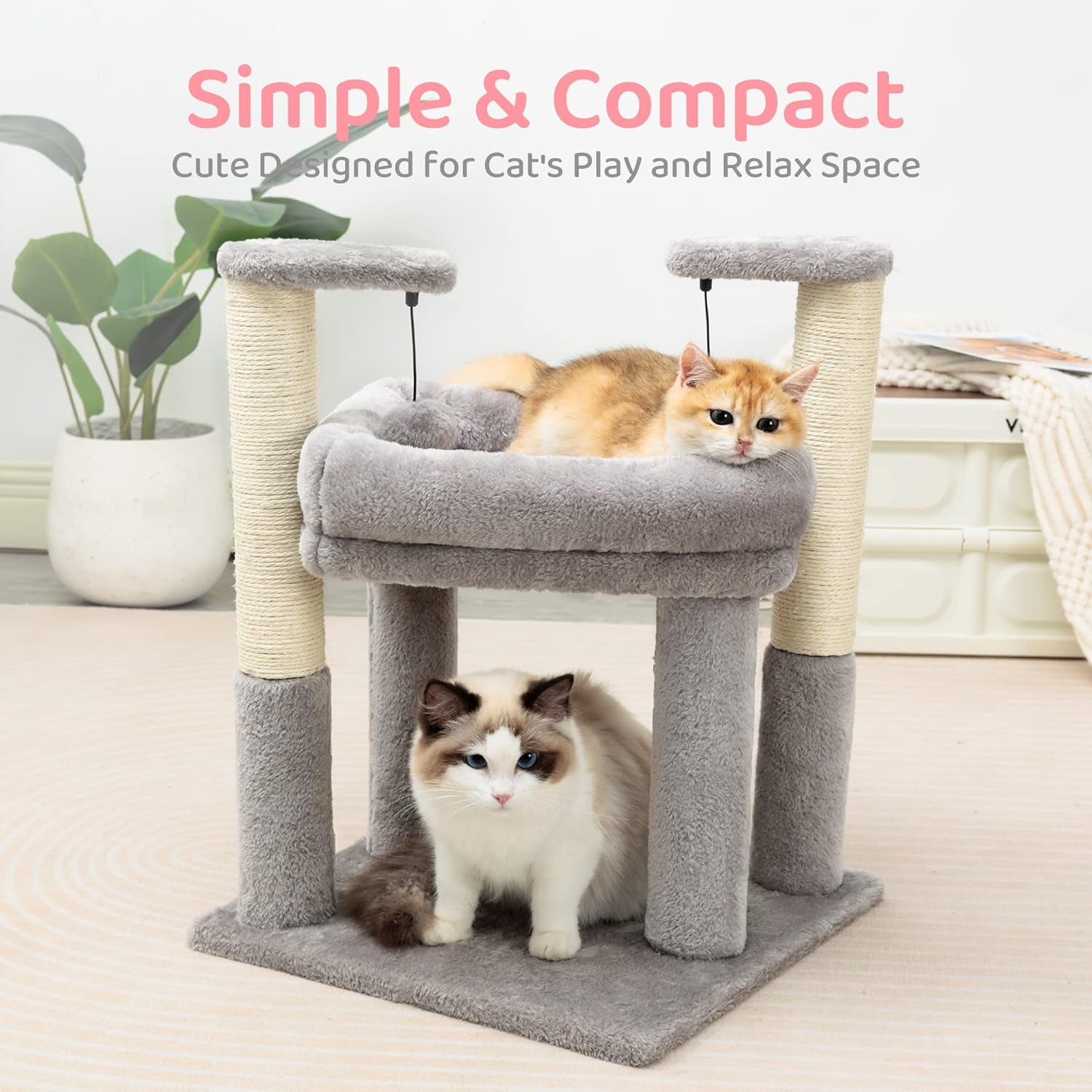 Made4Pets Cat Tree for Indoor Cats, Cat Tower with 2 Natural Sisal Scratching Post for Kitten, Kitty Cat Bed with Pom-Pom Dangling Balls, Grey, DIY