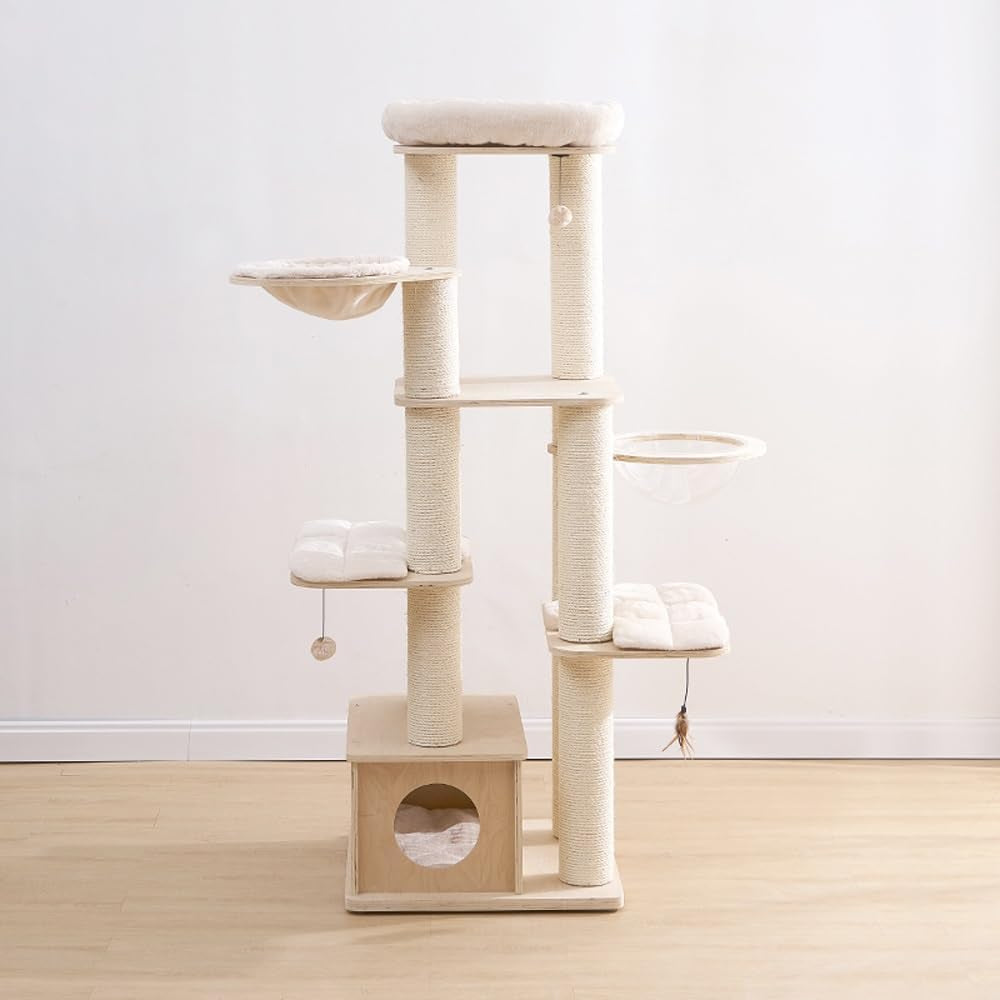 Modern Wood Cat Tree with Interactive Toys Hanging Ball, 65-Inch Cat Tower with Multi-Layer Platform & Condo, Tall Cat Tree with Sisal Rope Scratching Posts, Cat Condo Furniture W/Washable Plush Cushi