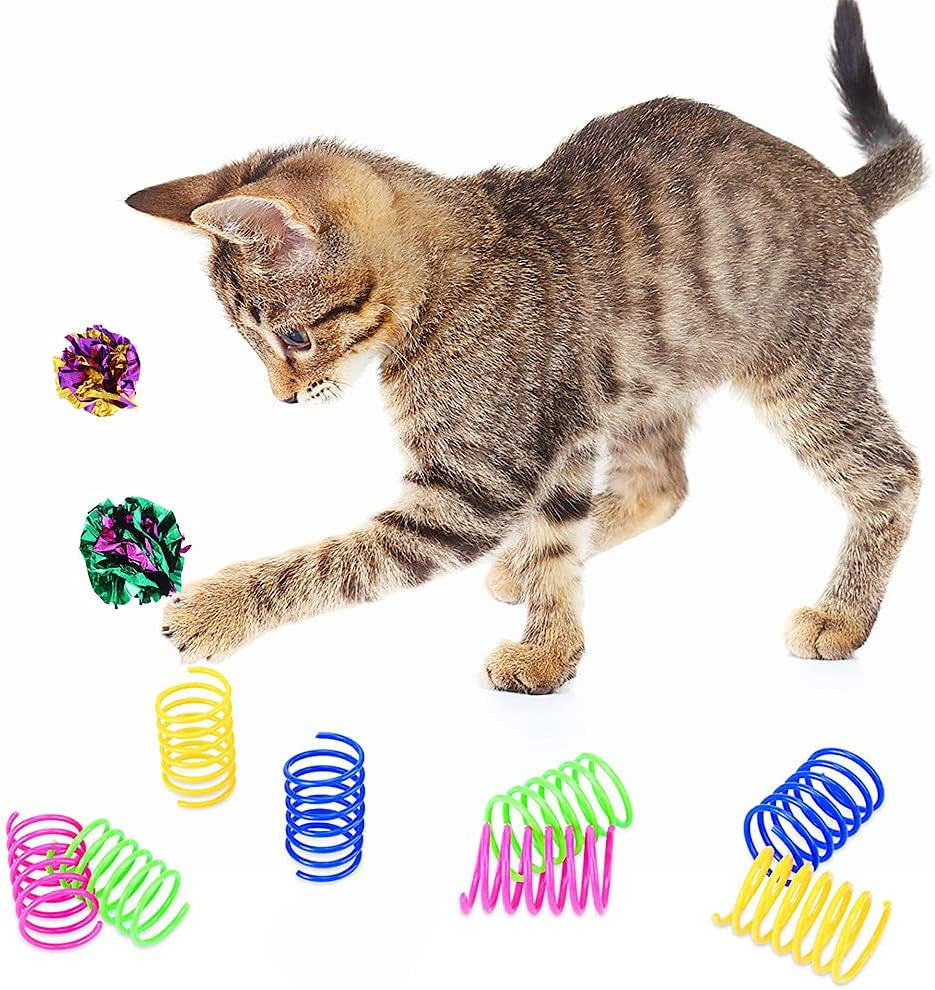 14 PCS Cat Toy Springs and Balls Set,Colorful Cat Spring Toy and Small Pom Pom Balls,Sparkle Kitten Crinkle Toys Cat Mylar Balls with Rustle Sound for Cats Kittens Playing Interacting