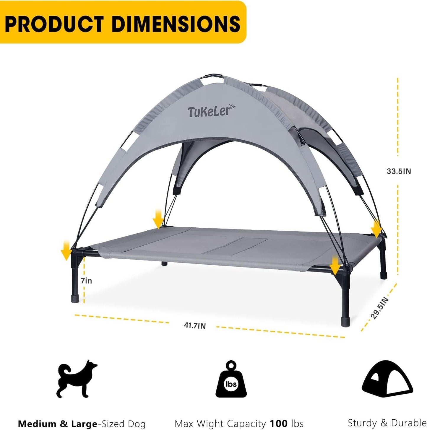 Elevated Dog Bed with Canopy，Portable Cooling Outdoor Dog Bed with Anti-Slip Feet, Breathable, Wind-Resistant, 41.7" X 19.5" X 35.5", for Large Dogs