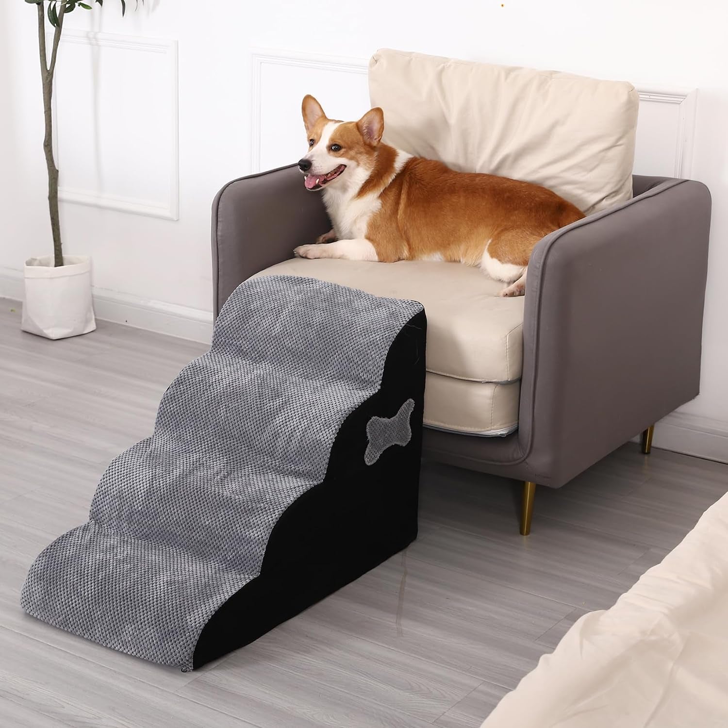 Dog Stairs for Small Dogs, 4 Steps Pet Steps for High Beds and Couch, Non-Slip Bottom Dog Steps,High Density Foam Pet Stairs Ramp for Small Dogs and Cats, with Removable Washable Cover, Grey