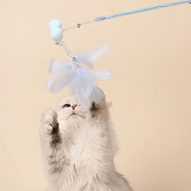 4 Pcs Cat Toy on Stick, Cat Feather Wand Toys, String Cat Toy,Cat Toys for Indoor Cats Blue