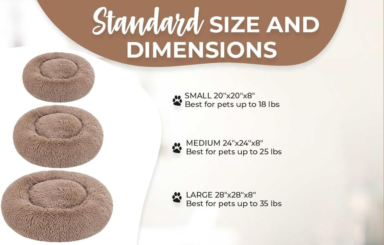 Calming Dog & Cat Bed, Anti-Anxiety Donut Dog Cuddler Bed, Warming Cozy Soft round Pet Bed, Fluffy Faux Fur Plush Cushion Bed for Dogs and Cats (Medium 24X24X8, Khaki Brown)