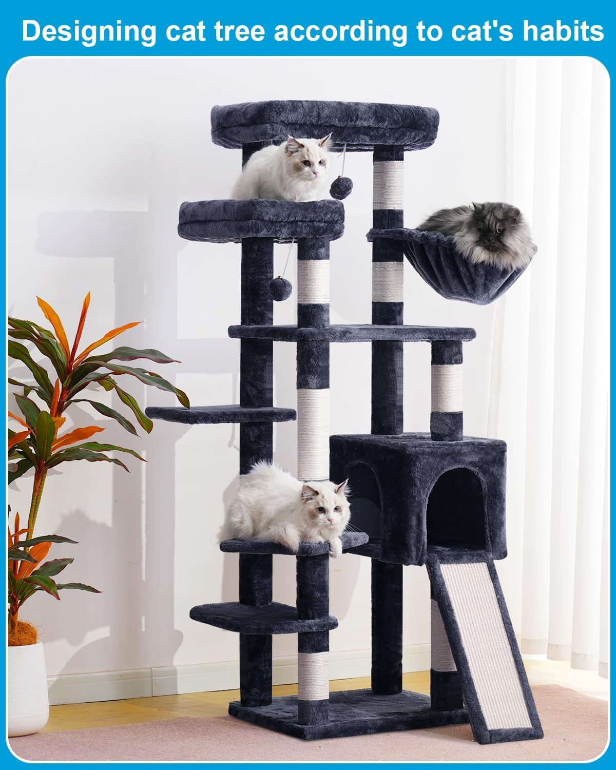 Hey-Brother Cat Tree for Indoor Cats, 62.6" Cat Tower with Scratching Post, Cat Condo with Two Large Platforms, Hammock, Big Scratcher, Smoky Gray MPJ029G