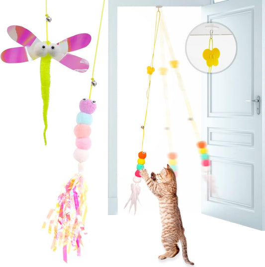 3 Pcs Butterfly Worm Interactive Cat Feather Teaser Toys, Adhesive Hook Door Hanging Toy for Indoor Cats Kitty Play Chase Exercise, Exercise Kitten Toys - Dragonfly/Tassels Worm (Feather Worm Toys)