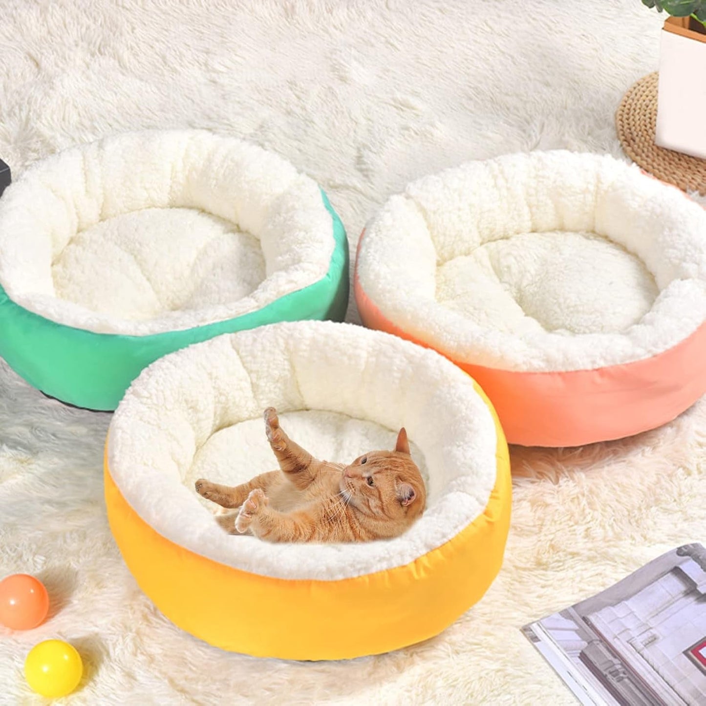 Calming Dog Bed Cat Cushion Bed, Lamb Velvet Warming Pet Bed, Comfortable Cuddler round Bed for Small Medium Dogs Cats House Indoor Sleeping Bed Pink S