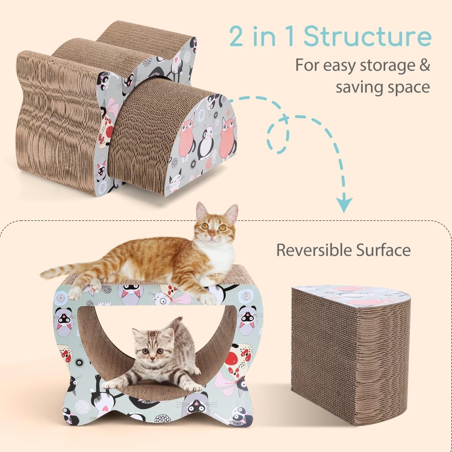 Nobleza Cat Scratcher Cardboard, 2 in 1 Reversible Scratching Pad, Recyclable Corrugated Scratch Toy with Cat-Head Shape, Cat Scratch Lounge for Furniture Protection