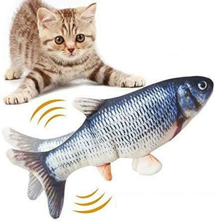 11" Electric Moving Fish Cat Toy Realistic Flopping Catnip Kicker Toy Plush Simulation Wagging Fish Wiggle Interactive Cat Toy Pets Chew Bite Supplies with Motion Sensor, USB Charged, Catnip Pouches