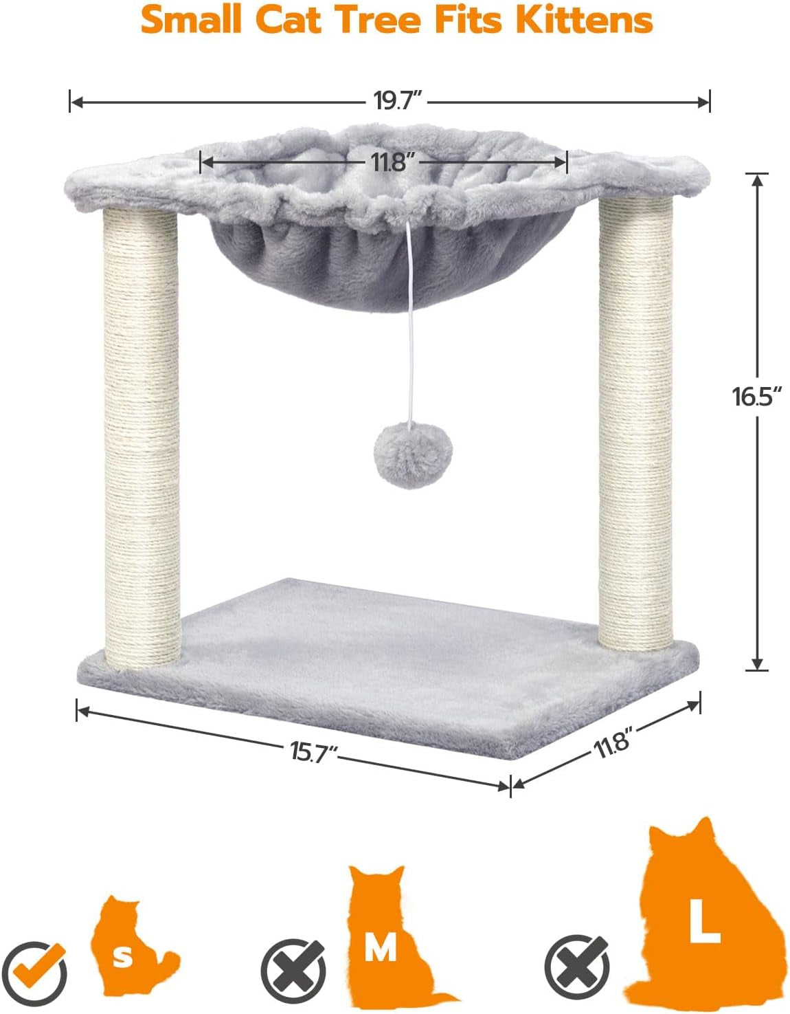 HOOBRO Cat Tree, Small Kittens Tower, 15.7 X 11.8 X 16.5 Inches, Hammock with Sisal Scratching Posts, Pet House Furniture, Light Gray LG08CT03