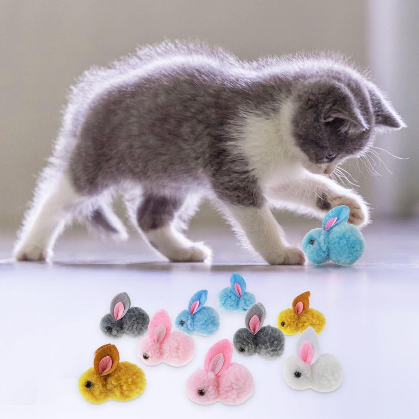 10Pcs Cat Plush Toy Balls, Cute Bunny Shape Kitten Pompom Soft Kittens 5.5Cm/2.16In Puff Ball Indoor Fun Colorful Cat Ball Toy Cat Pom Pom Balls for Pet