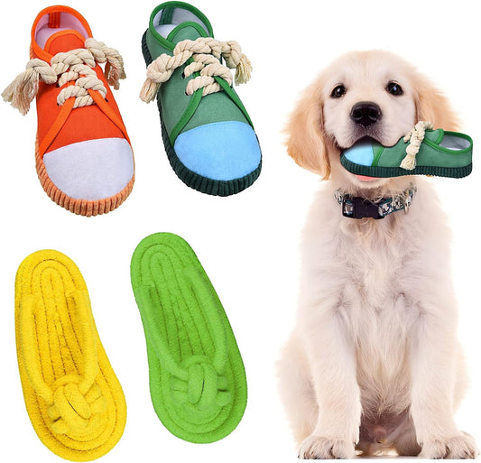 4 Pieces Dog Shoe Chew Toys Puppy Chew Shoe Dog Chew Toy Sandal Durable Dog Squeaky Mini Sneakers Shoes Decoy Sandal Squeaky Chews Plush Shoes Toys for Dogs