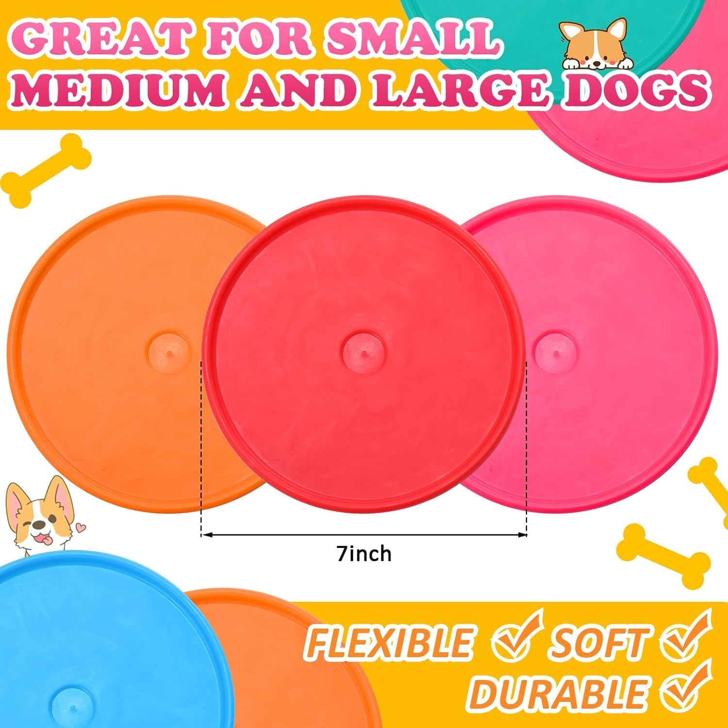 14 Pack Dog Flying Discs Soft Rubber Dog Disc Interactive Lightweight Dog Flying Toy Floats on Water for Small Medium Large Dogs Pets Yard Lawn Games Sports Party Favors, 7 Colors, 7 Inch