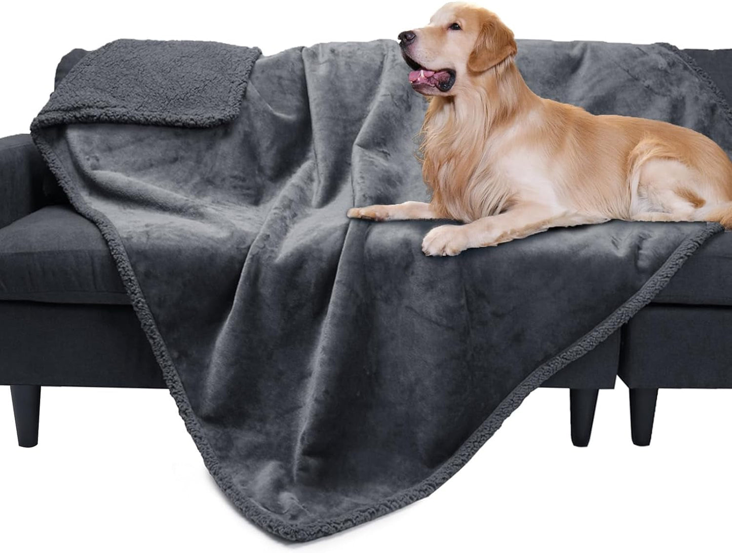 LINENLUX Large Dog Blankets Waterproof Couch Cover for Bed Pet Washable Thickened Furniture Protector Sherpa Fleece Reversible, Black 85" X 57"