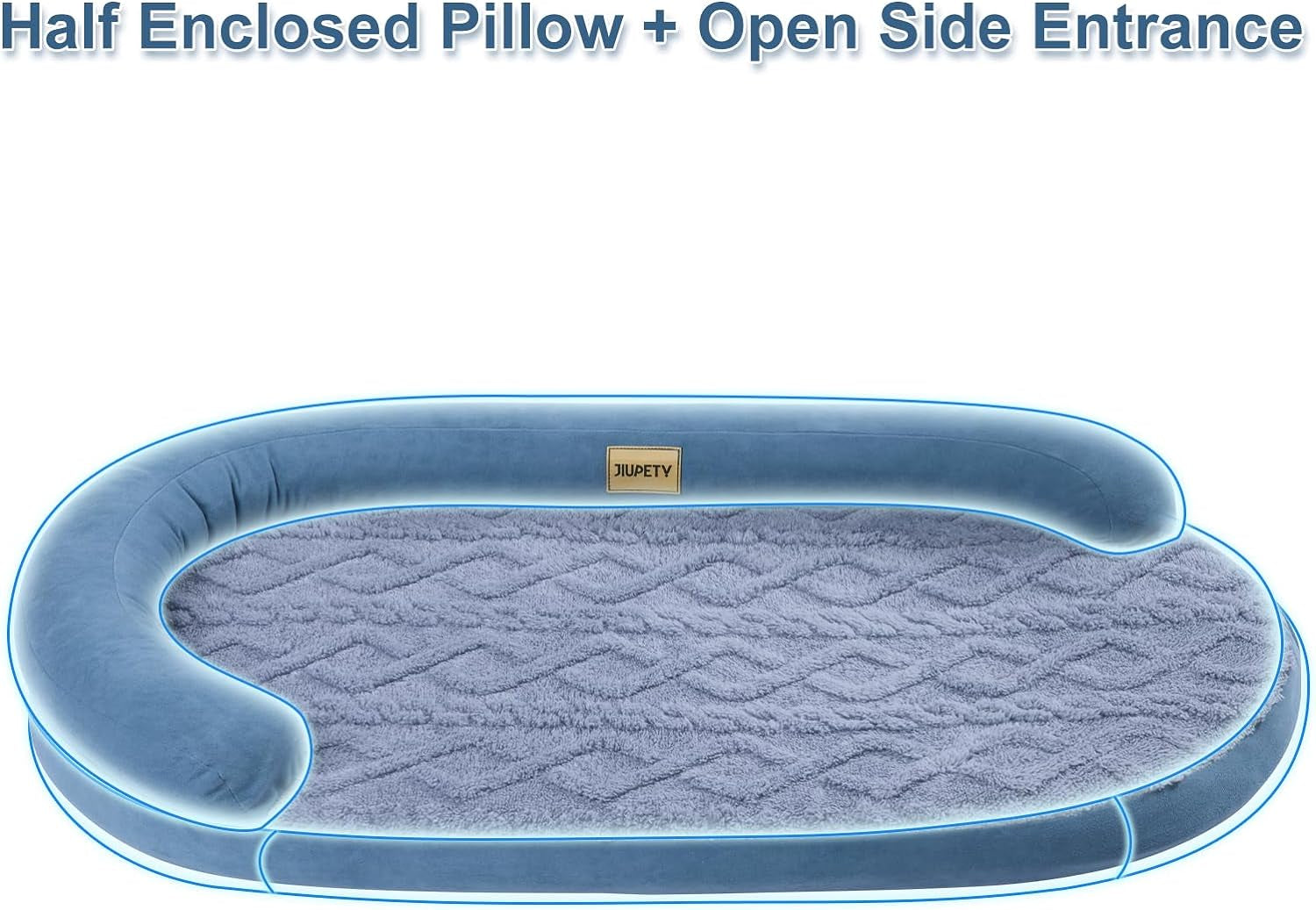 Jiupety Dog Bed with Egg-Crate Foam, Waterproof Dog Bed with Half Oval Pillow, Easy to Enter and Exit, Excellent Cloth, High-Gain Egg-Crate Sponge, Luxury, Waterproof, Soft and Comfy (Blue)