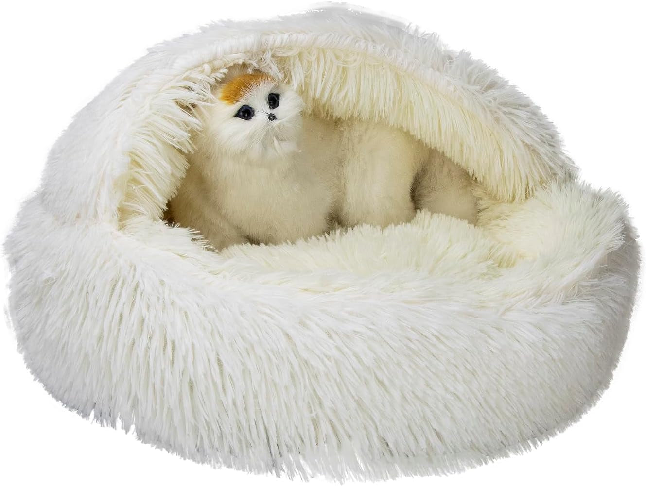 Fluffy Hooded round Cat Bed Cave with Hooded Blanket for Indoor Cats, Dog Beds for Small Dogs, Anti-Anxiety, Cozy Cuddler Luxury Puppy Bed, Anti-Slip Bottom and Machine Washable