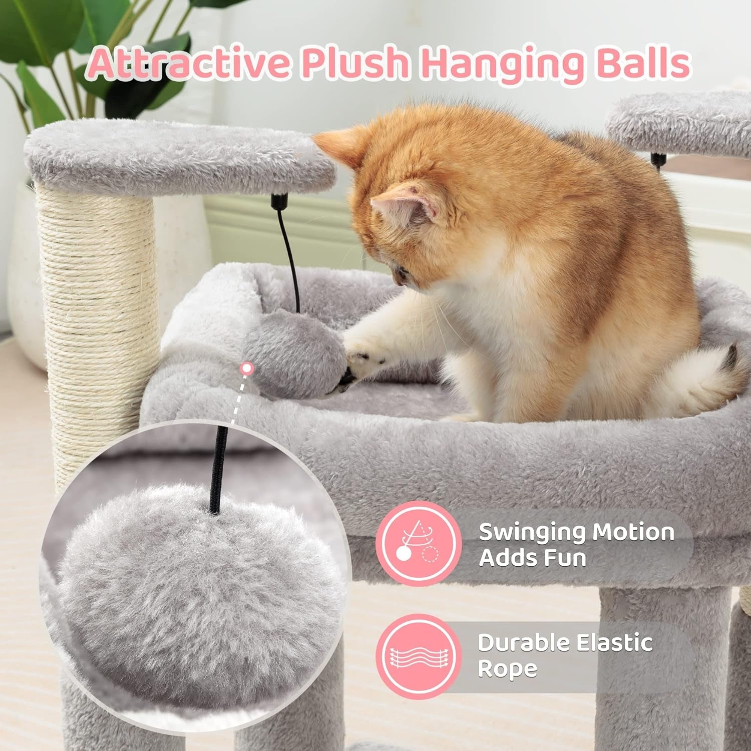 Made4Pets Cat Tree for Indoor Cats, Cat Tower with 2 Natural Sisal Scratching Post for Kitten, Kitty Cat Bed with Pom-Pom Dangling Balls, Grey, DIY