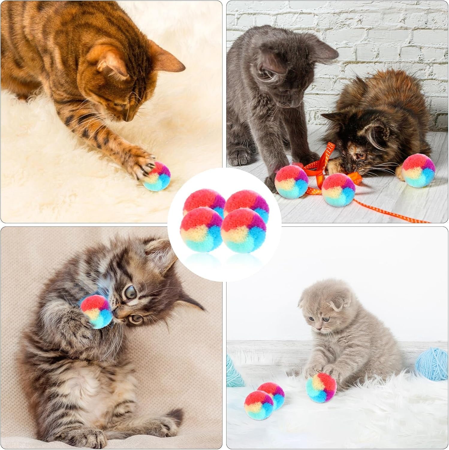 30 Pcs Soft Plush Cat Ball 1.2-Inch Rainbow Cat Toy Balls Fuzzy Kitty Balls Kitten Puff Balls Colorful Cat Pom Pom Balls for Cat Kitten Pet Playing Exercising