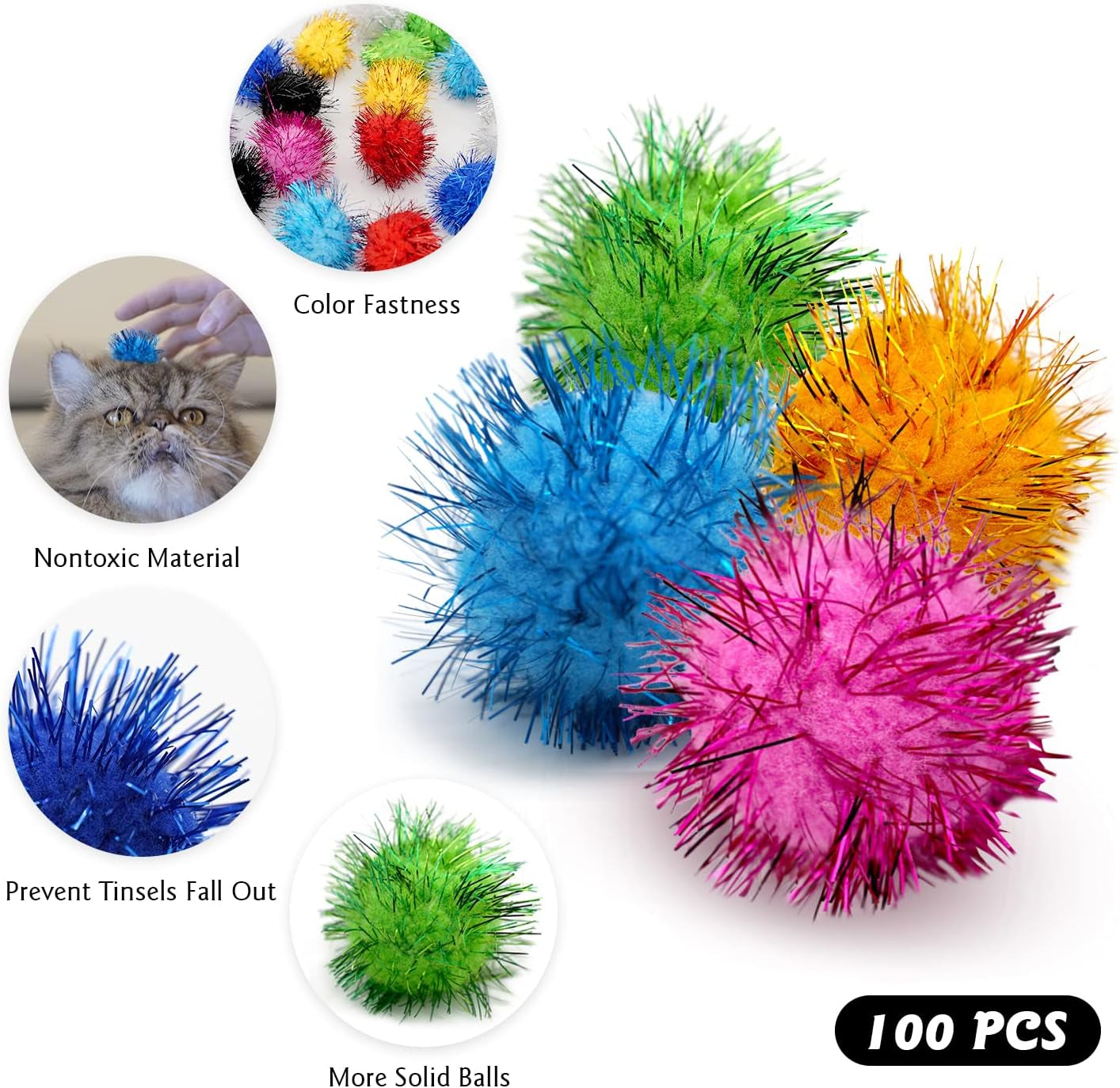 100PCS 1.5 INCH Cat Toy Balls Extra Large Sparkly Cat'S Favorite Chase Glitter Ball Toy Sparkle Pom Pom Balls