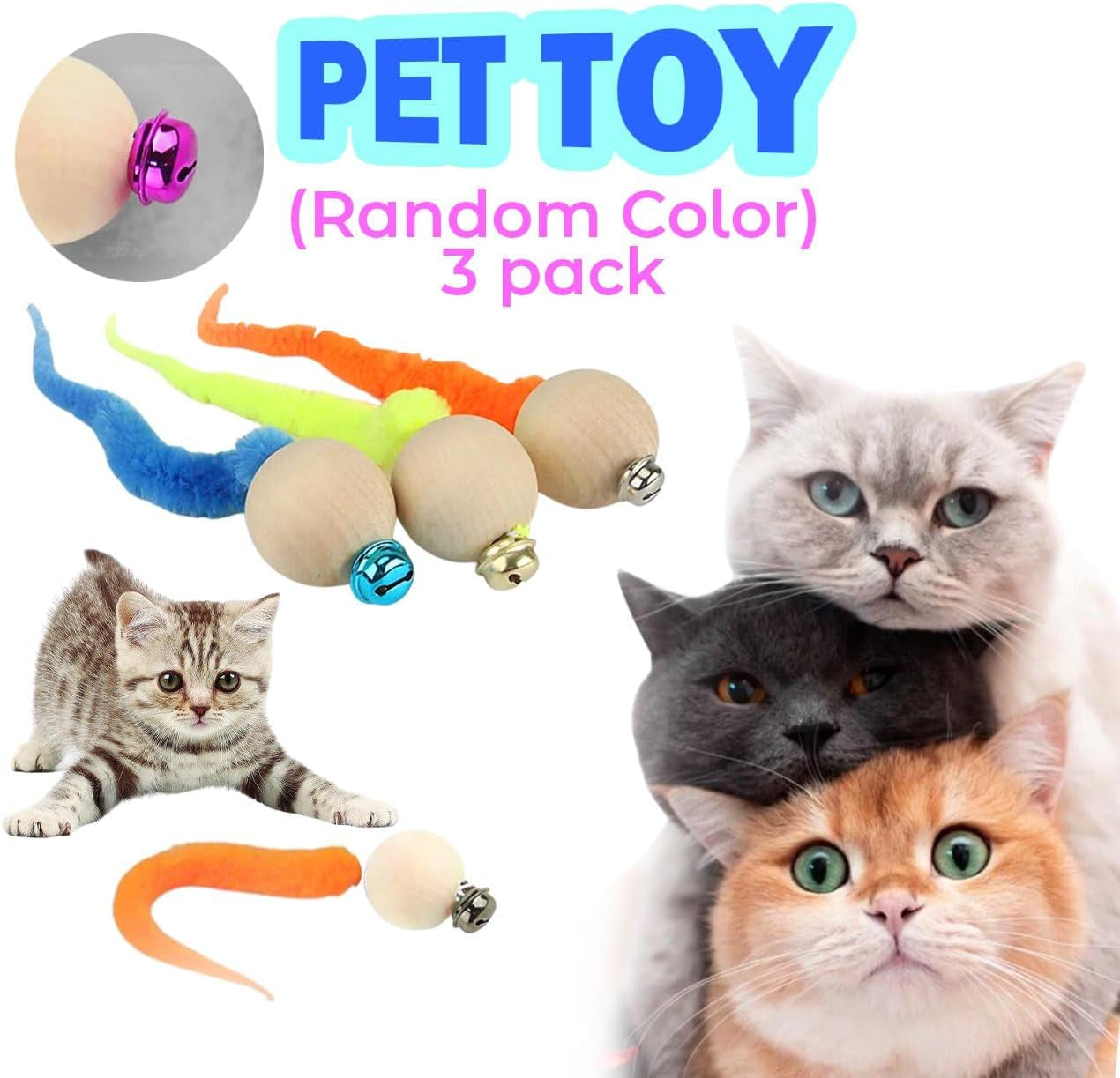 3 PCS of Cute and Soft Pet Interactive Toys Featuring a Wooden Ball | Colorful Caterpillar Beads and a Snake Tail with a Bell, Perfect for Entertaining Your Cat