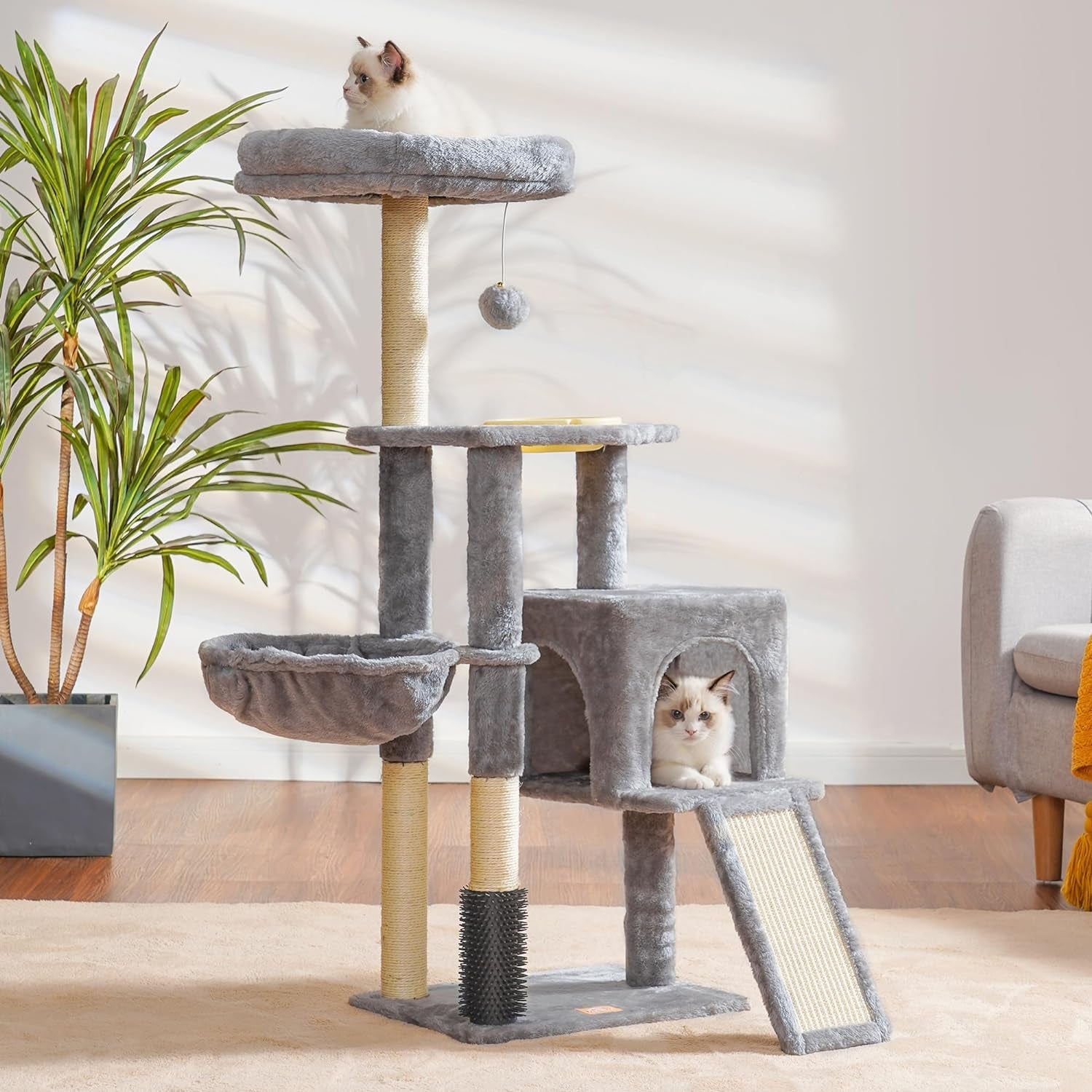 Heybly Cat Tree with Cat Self Groomer Brush, Cat Tower Condo for Indoor Cats with Padded Plush Perch,Feeding Bowl,Cat House with Basket Scratching Board Post, Light Gray HCT005SW