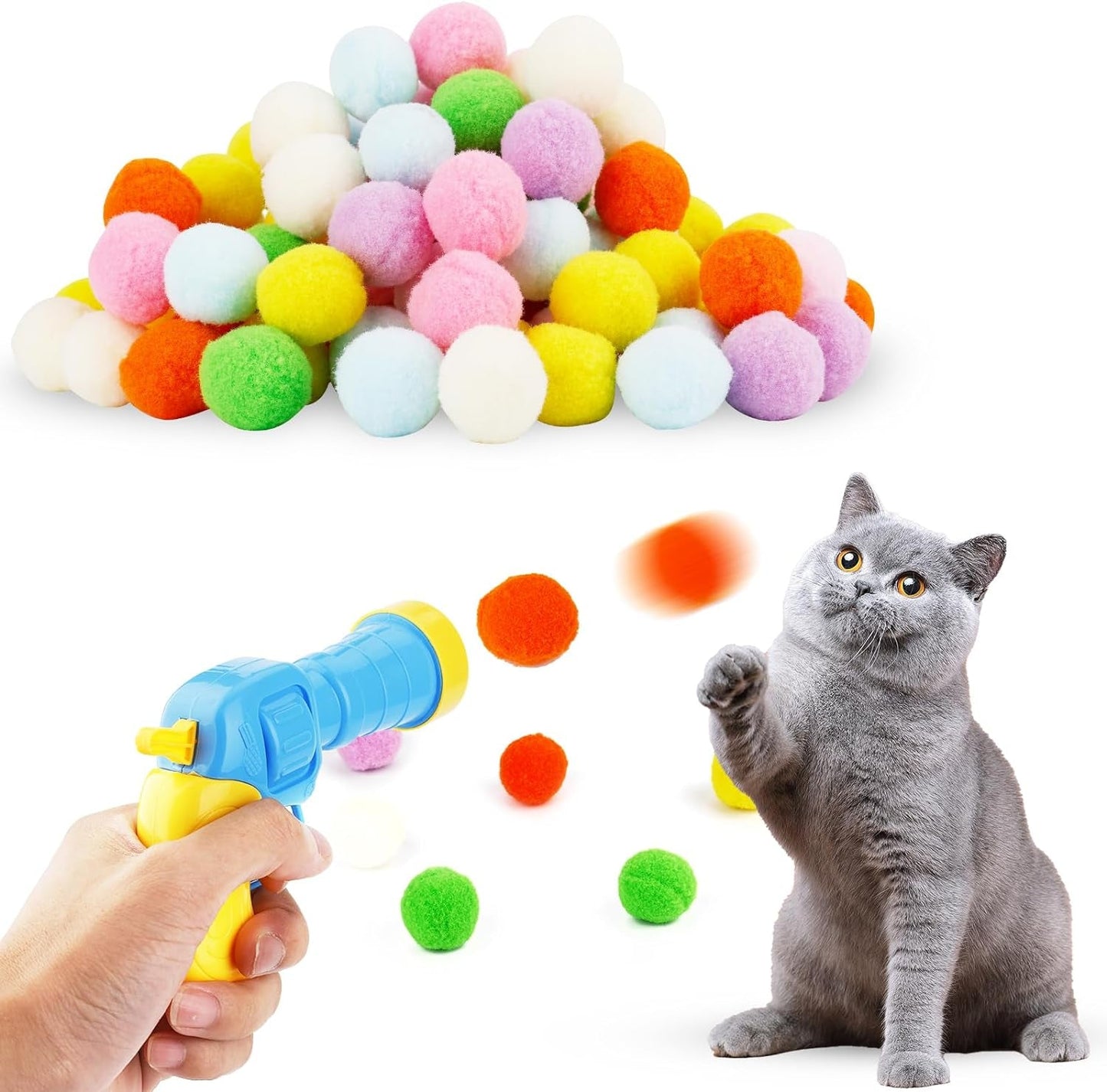 100Pcs Cat Toy Ball Launcher Set, Fun Colorful Plush Cat Ball Toys Pom Pom Ball Launcher Gun Cat Interactive Toys for Indoor Cats Plush Ball Launcher for Kittens Playing Toy