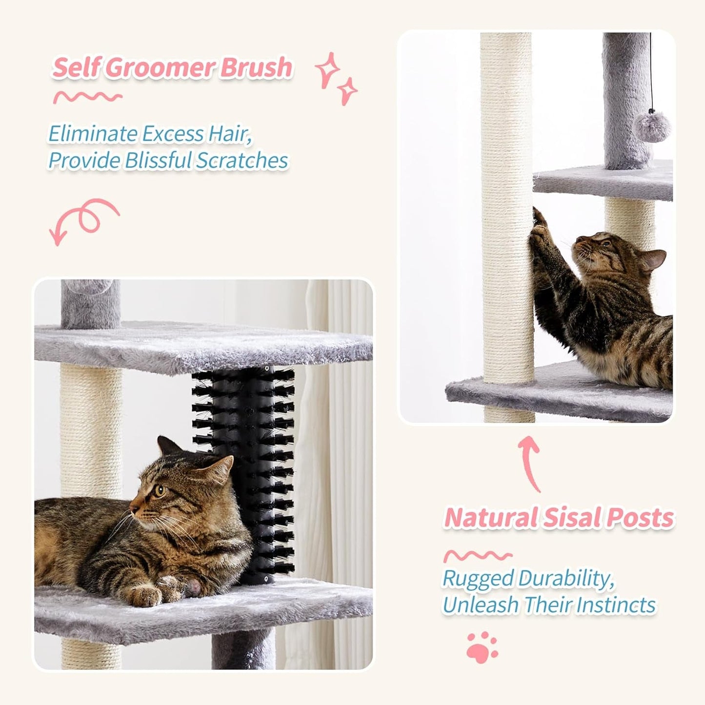 Made4Pets Cat Tree, 52.4" Tall Cat Tower for Indoor Cats, Multi-Level Large Cat Condo with Scratching Posts and Pompoms, Plush Kitten Climbing Tower with Cat Grooming Brush and Perch, Grey