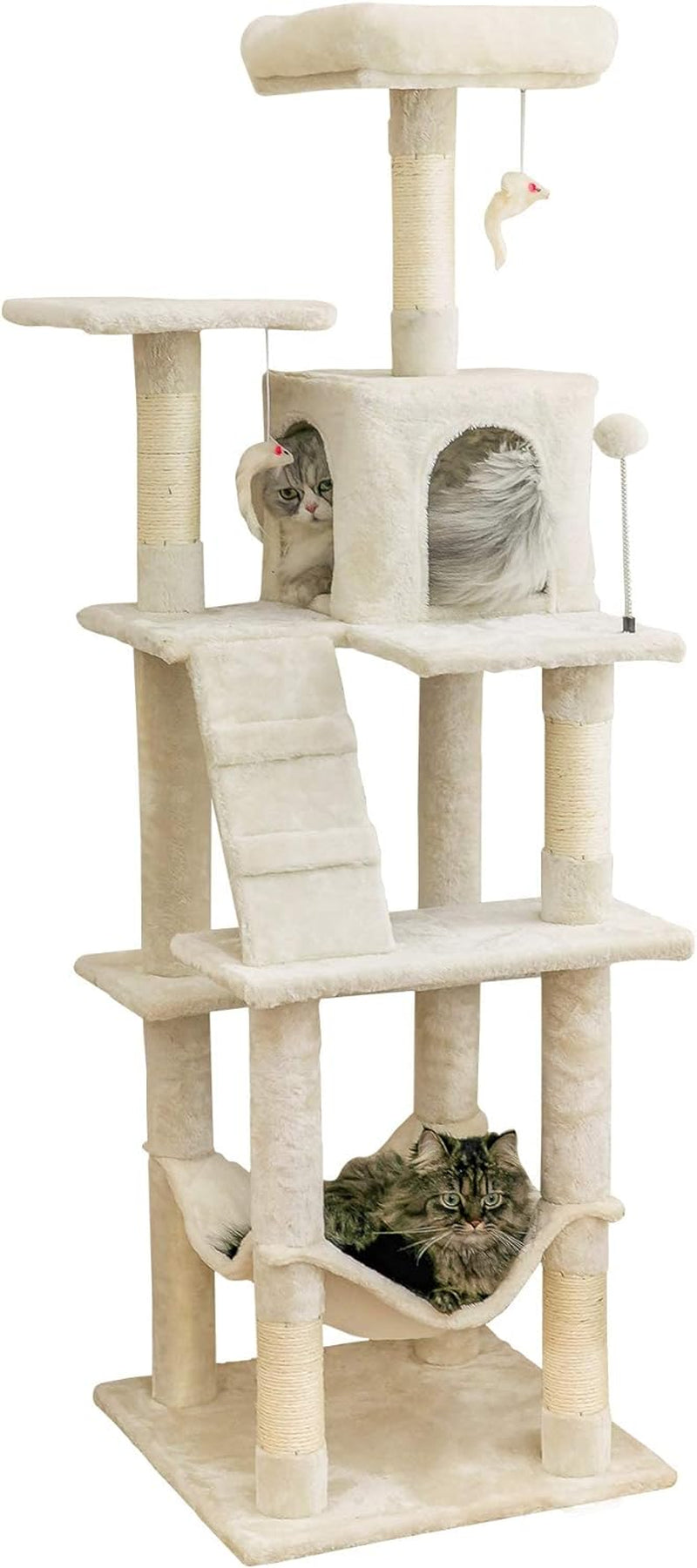 MWPO 63.8 Inches Multi-Level Cat Tree for Large Cats with Sisal-Covered Scratching Posts, Padded Platform, Hammock and Condo,Stable Cat Tower Cat Condo Pet Play House-Light Gray