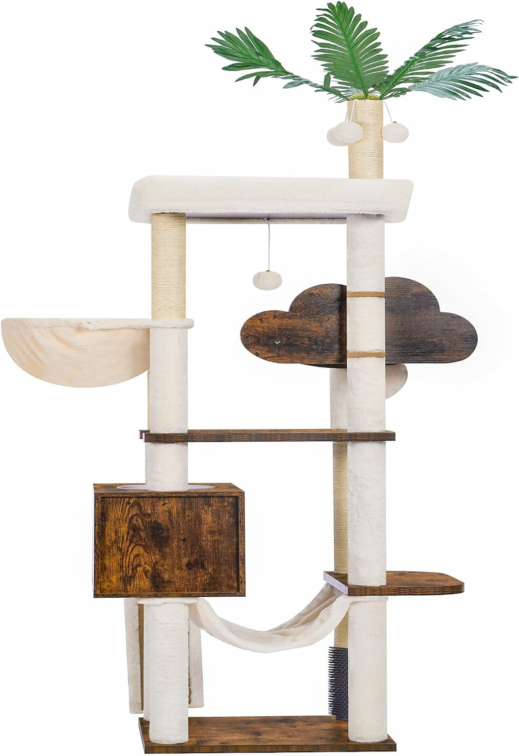 Hebly Wood Cat Tree for Indoor Cats, Cat Condo for Large Cats with Self Groomer,Modern Cat Scratching Tower with Basket,Hammock,Dangling Ball and Leaves,Rustic Brown HCT120SR