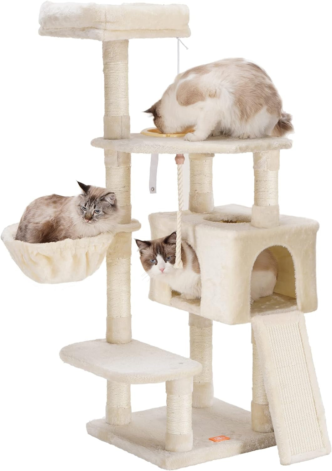 Heybly Cat Tree with Cat Self Groomer Brush, Cat Tower Condo for Indoor Cats with Padded Plush Perch,Feeding Bowl,Cat House with Basket Scratching Board Post, Light Gray HCT005SW